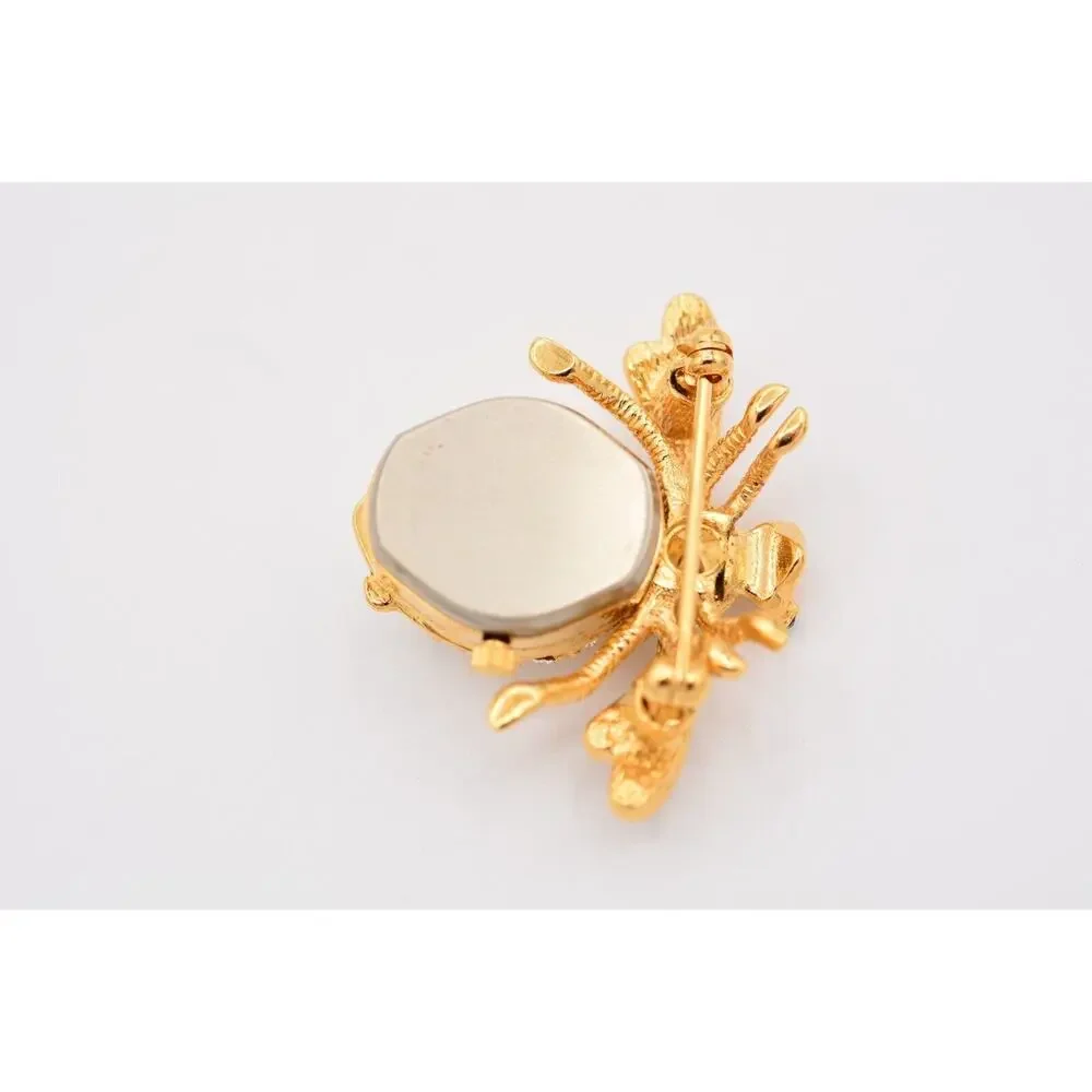 Joan Rivers Vintage Fly Watch Pin Brooch Rhinestone Crystal Gold Signed Bin5A